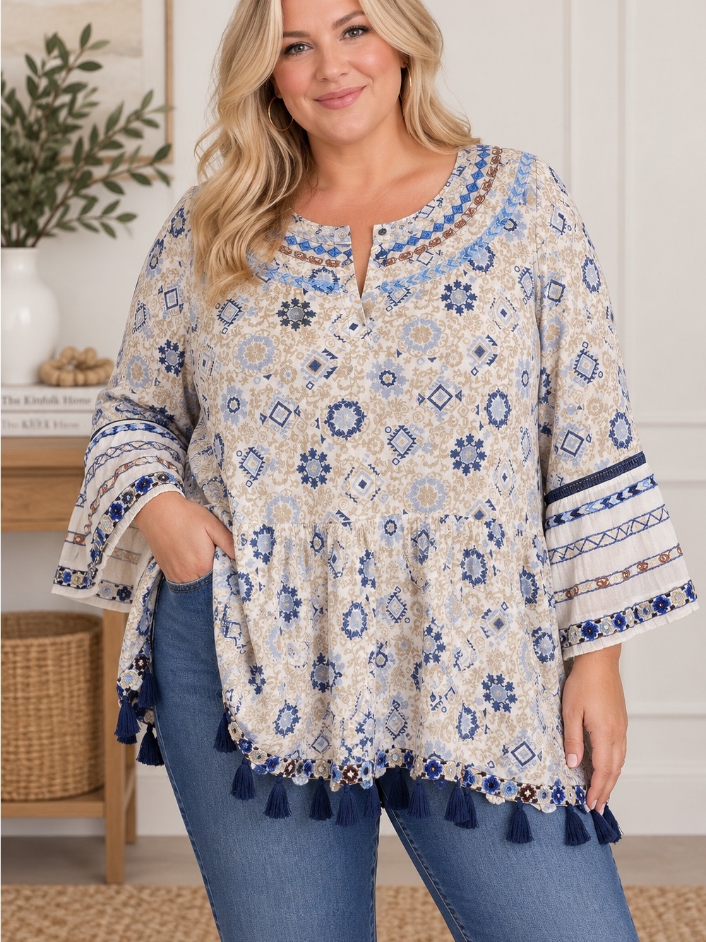 Title: J.Jill 3X Boho Embroidered Tassel Tunic Top Blue Cream Bell Sleeve